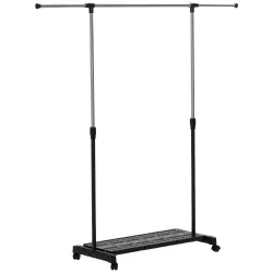 Tendedero Extensible con Ruedas con Barra de Acero Inoxidable y Estante para Zapatos 159x42x168 cm Negro y Plata - Ogal.Es