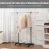 Tendedero Extensible con Ruedas con Barra de Acero Inoxidable y Estante para Zapatos 159x42x168 cm Negro y Plata - Ogal.Es