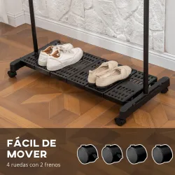Tendedero Extensible con Ruedas con Barra de Acero Inoxidable y Estante para Zapatos 159x42x168 cm Negro y Plata - Ogal.Es