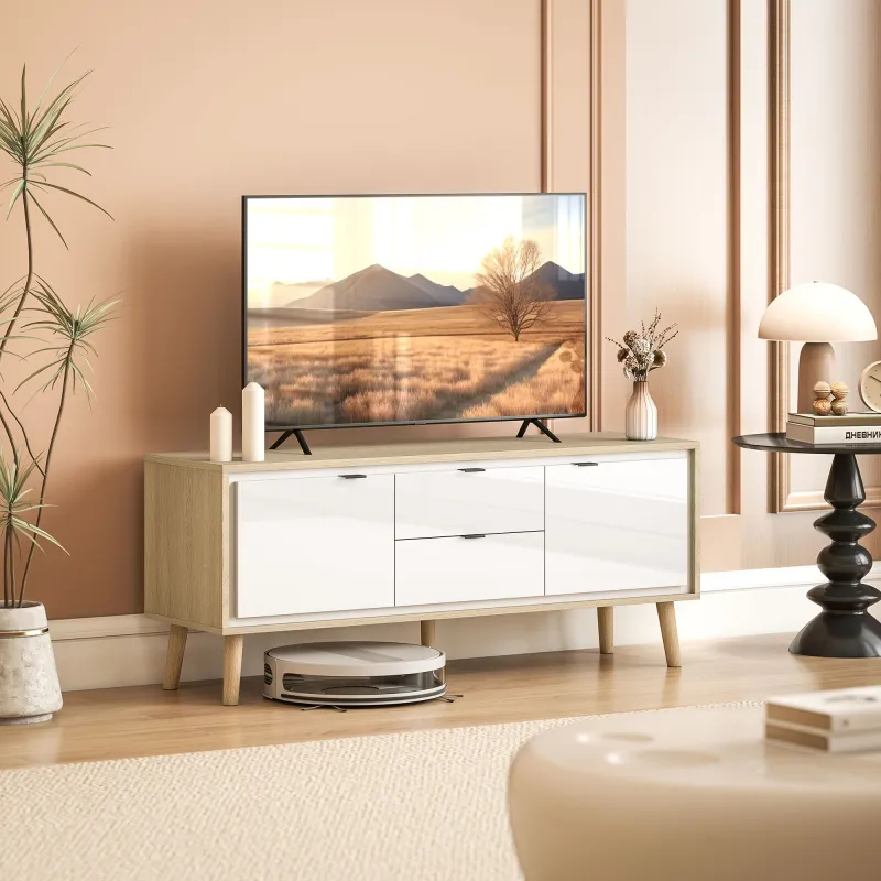Mueble de TV Moderno de 2 Puertas 2 Cajones Orificios y Estantes Extraíbles 120x35x50 cm Blanco Brillo y Roble - Ogal.Es