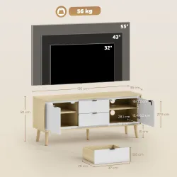 Mueble de TV Moderno de 2 Puertas 2 Cajones Orificios y Estantes Extraíbles 120x35x50 cm Blanco Brillo y Roble - Ogal.Es