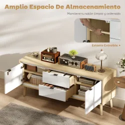 Mueble de TV Moderno de 2 Puertas 2 Cajones Orificios y Estantes Extraíbles 120x35x50 cm Blanco Brillo y Roble - Ogal.Es