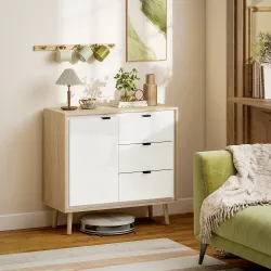 Aparador para Salón Moderno con Puerta 3 Cajones Estante Ajustable para Comedor Entrada 80x35x77 cm Blanco y Roble - Ogal.Es