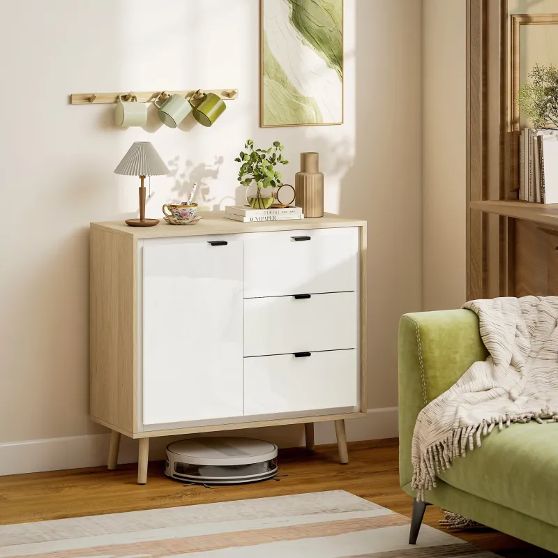 Aparador para Salón Moderno con Puerta 3 Cajones Estante Ajustable para Comedor Entrada 80x35x77 cm Blanco y Roble - Ogal.Es