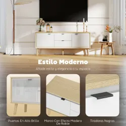 Mueble de TV Moderno de 2 Puertas 2 Cajones Orificios y Estantes Extraíbles 120x35x50 cm Blanco Brillo y Roble - Ogal.Es