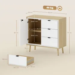 Aparador para Salón Moderno con Puerta 3 Cajones Estante Ajustable para Comedor Entrada 80x35x77 cm Blanco y Roble - Ogal.Es