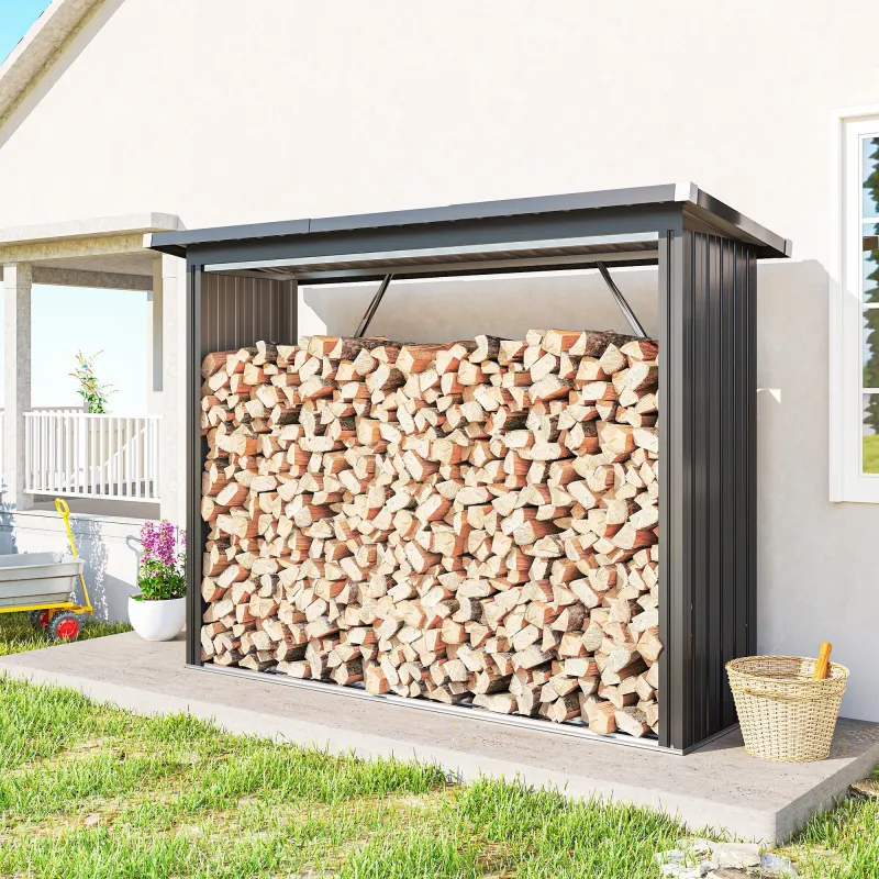 Casetilla para Leña de Acero Galvanizado con Base Elevada y Techo Inclinado 213x66,5x150 cm Gris Oscuro - Ogal.Es