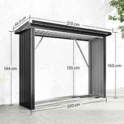 Casetilla para Leña de Acero Galvanizado con Base Elevada y Techo Inclinado 213x66,5x150 cm Gris Oscuro - Ogal.Es