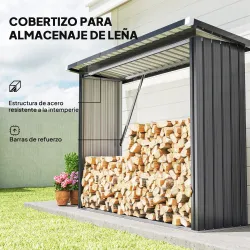 Casetilla para Leña de Acero Galvanizado con Base Elevada y Techo Inclinado 213x66,5x150 cm Gris Oscuro - Ogal.Es