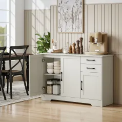 Aparador para Salón Moderno con 3 Puertas 2 Cajones Estante Ajustable para Comedor Entrada 120x38x79 cm Crema - Ogal.Es