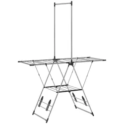 Tendedero Vertical Plegable con Alas Ajustables 4 Soportes para Calzado Barra y Estante 139x62,5x201 cm Plata - Ogal.Es