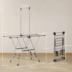 Tendedero Vertical Plegable con Alas Ajustables 4 Soportes para Calzado Barra y Estante 139x62,5x201 cm Plata - Ogal.Es