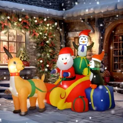 Papá Noel Hinchable con Trineo Pingüinos y Renos Luces LED Decoración de Navidad para Exterior e Interior 180x12... - Ogal.Es