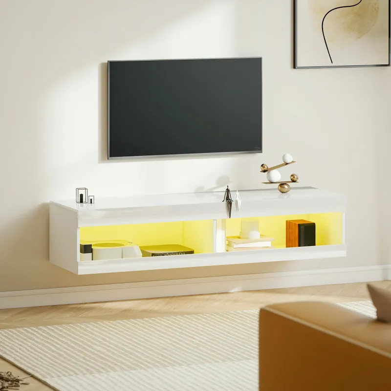 Mueble de TV Suspendido con Luces LED con Control Remoto Compartimentos Orificios Pasacables 140x40x30 cm Blanco... - Ogal.Es