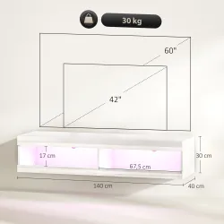 Mueble de TV Suspendido con Luces LED con Control Remoto Compartimentos Orificios Pasacables 140x40x30 cm Blanco... - Ogal.Es