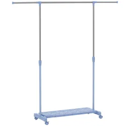 Tendedero Extensible con Ruedas con Barra de Acero Inoxidable y Estante para Zapatos 159x42x168 cm Azul y Plata - Ogal.Es