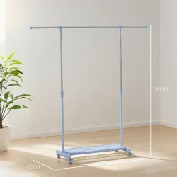 Tendedero Extensible con Ruedas con Barra de Acero Inoxidable y Estante para Zapatos 159x42x168 cm Azul y Plata - Ogal.Es