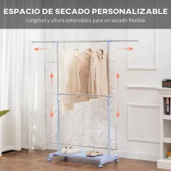 Tendedero Extensible con Ruedas con Barra de Acero Inoxidable y Estante para Zapatos 159x42x168 cm Azul y Plata - Ogal.Es