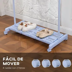Tendedero Extensible con Ruedas con Barra de Acero Inoxidable y Estante para Zapatos 159x42x168 cm Azul y Plata - Ogal.Es