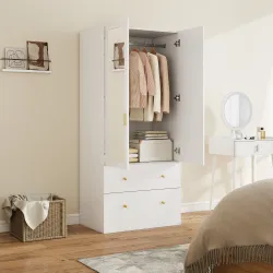Armario Dormitorio 2 Puertas y 2 Cajones Armario Ropero con Espejo Barra para Colgar 80x50x180 cm Blanco - Ogal.Es