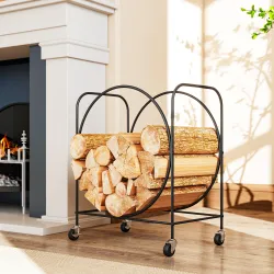 Leñero Exterior Metálico de Chimenea Soporte para Leña con Ruedas para Interior y Exterior 51x30x60 cm Negro - Ogal.Es
