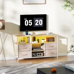 Mueble de TV con Luz LED y Enchufes Puertos USB Estantes Abiertos 4 Cajones plegables 120x30x67,5 cm Beige y Blanco - Ogal.Es