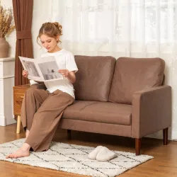 Sofá de 2 Plazas Tapizado en Microfibra con Patas de Madera Reposabrazos 130x78x85 cm Marrón - Ogal.Es