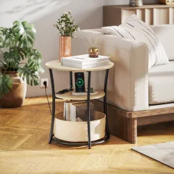 Mesa Auxiliar Redonda de 3 Niveles con Estación de Carga 3 Estantes y Bolsa para Salón Dormitorio Ø50x55,1 cm Na... - Ogal.Es
