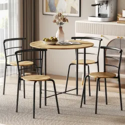 Juego de Mesa y 4 Sillas de Comedor Redonda Estilo Industrial Marco Metálico para Espacios Pequeños Salón Natural - Ogal.Es
