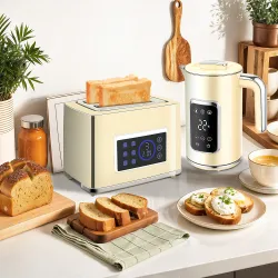 Set Desayuno con Pantalla LED Táctil Hervidor de Agua 1,7L 2200W Tostadora Pan Ranura Ancha 2 Rebanadas Crema - Ogal.Es