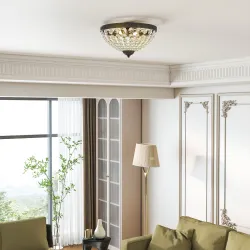 Lámpara de Techo de Cristal Vintage con 2 Casquillos E14 40W con 168 Cuentas de Cristal para Dormitorio Salón Negro - Ogal.Es