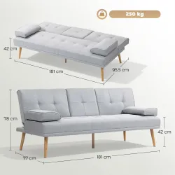 Sofá Cama 3 Plazas con Respaldo Ajustable de 3 Niveles Reposabrazos Desmontable 181x77x78 cm Gris Claro - Ogal.Es