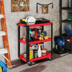Carro de Herramientas con 3 Estantes Ruedas y Asas para Garaje Mecánico Hogar Carga 120 kg Rojo y Negro - Ogal.Es
