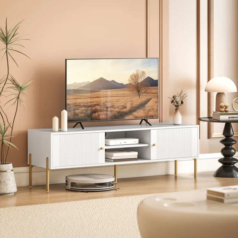 Mueble de TV Moderno con 2 Puertas 2 Estantes Abiertos Orificios Pasacables para TV 65 Pulgadas 140x38x45,9 cm B... - Ogal.Es
