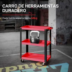Carro de Herramientas con 3 Estantes Ruedas y Asas para Garaje Mecánico Hogar Carga 120 kg Rojo y Negro - Ogal.Es