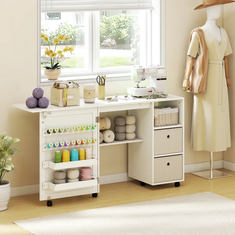 Mesa de Costura Plegable con 6 Ruedas 18 Clavijas 2 Cajones y 3 Compartimentos Blanco - Ogal.Es