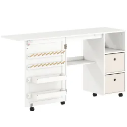 Mesa de Costura Plegable con 6 Ruedas 18 Clavijas 2 Cajones y 3 Compartimentos Blanco - Ogal.Es