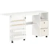Mesa de Costura Plegable con 6 Ruedas 18 Clavijas 2 Cajones y 3 Compartimentos Blanco - Ogal.Es