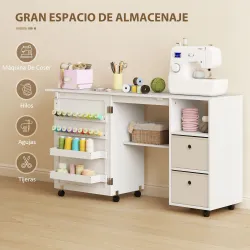 Mesa de Costura Plegable con 6 Ruedas 18 Clavijas 2 Cajones y 3 Compartimentos Blanco - Ogal.Es
