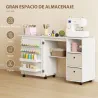 Mesa de Costura Plegable con 6 Ruedas 18 Clavijas 2 Cajones y 3 Compartimentos Blanco - Ogal.Es