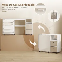 Mesa de Costura Plegable con 6 Ruedas 18 Clavijas 2 Cajones y 3 Compartimentos Blanco - Ogal.Es