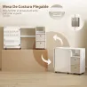 Mesa de Costura Plegable con 6 Ruedas 18 Clavijas 2 Cajones y 3 Compartimentos Blanco - Ogal.Es
