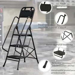 Escalera Plegable de 3 Peldaños con Bolsa de Herramientas Escalera de Tijera con Peldaños Anchos Antideslizantes... - Ogal.Es
