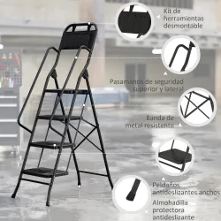 Escalera Plegable de 4 Peldaños con Bolsa de Herramientas Escalera de Tijera con Peldaños Anchos Antideslizantes... - Ogal.Es