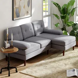 Sofá Esquinero de 3 Plazas Tapizado en Chenilla en Forma de L con Patas de Madera y Reposabrazos 215x142x88 cm Gris - Ogal.Es