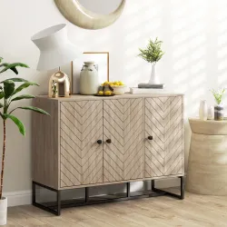 Aparador de Salón con 3 Puertas con Diseño Chevron Estantes Ajustables Patas de Metal 108x40x80 cm Roble - Ogal.Es