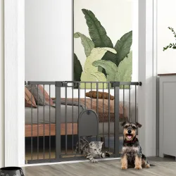 Barrera de Seguridad para Perros con Puerta Pequeña para Escaleras y Puertas 75-131 cm con 3 Extensiones Negro - Ogal.Es