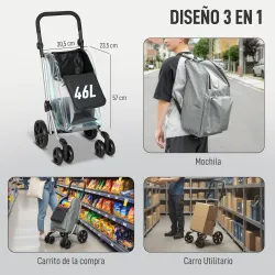 Carrito de Compra Plegable de 46 L Carro 3 en 1 con 6 Ruedas Bolsa Térmica y Asa Ajustable 44x58x100 cm Gris - Ogal.Es