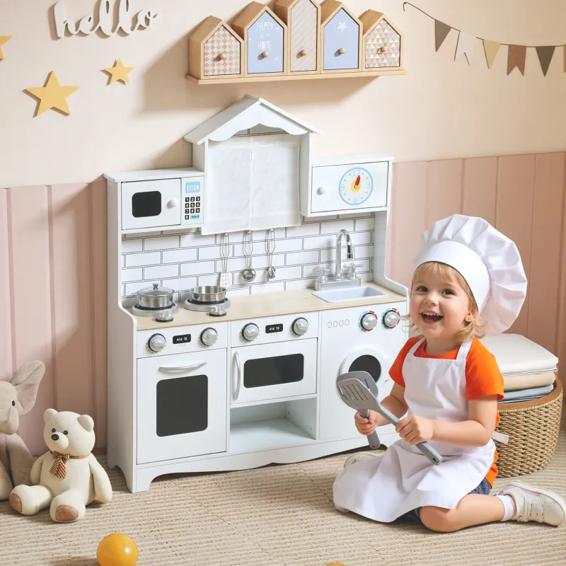 Cocina de Juguete de Madera con Sonido y Cortinas Accesorios de Acero Inoxidable para Niños a Partir de 3 Años B... - Ogal.Es
