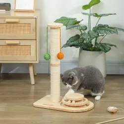 Poste Rascador para Gatos Altura 56,5 cm con 3 Bolas Colgantes Juguete de Pelota de Pista Madera Natural - Ogal.Es